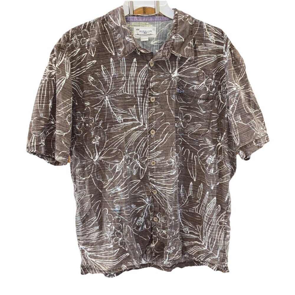 Honolua Hawaiian Shirt Men XL Brown Floral Button Pocket Short Sleeve Collared
